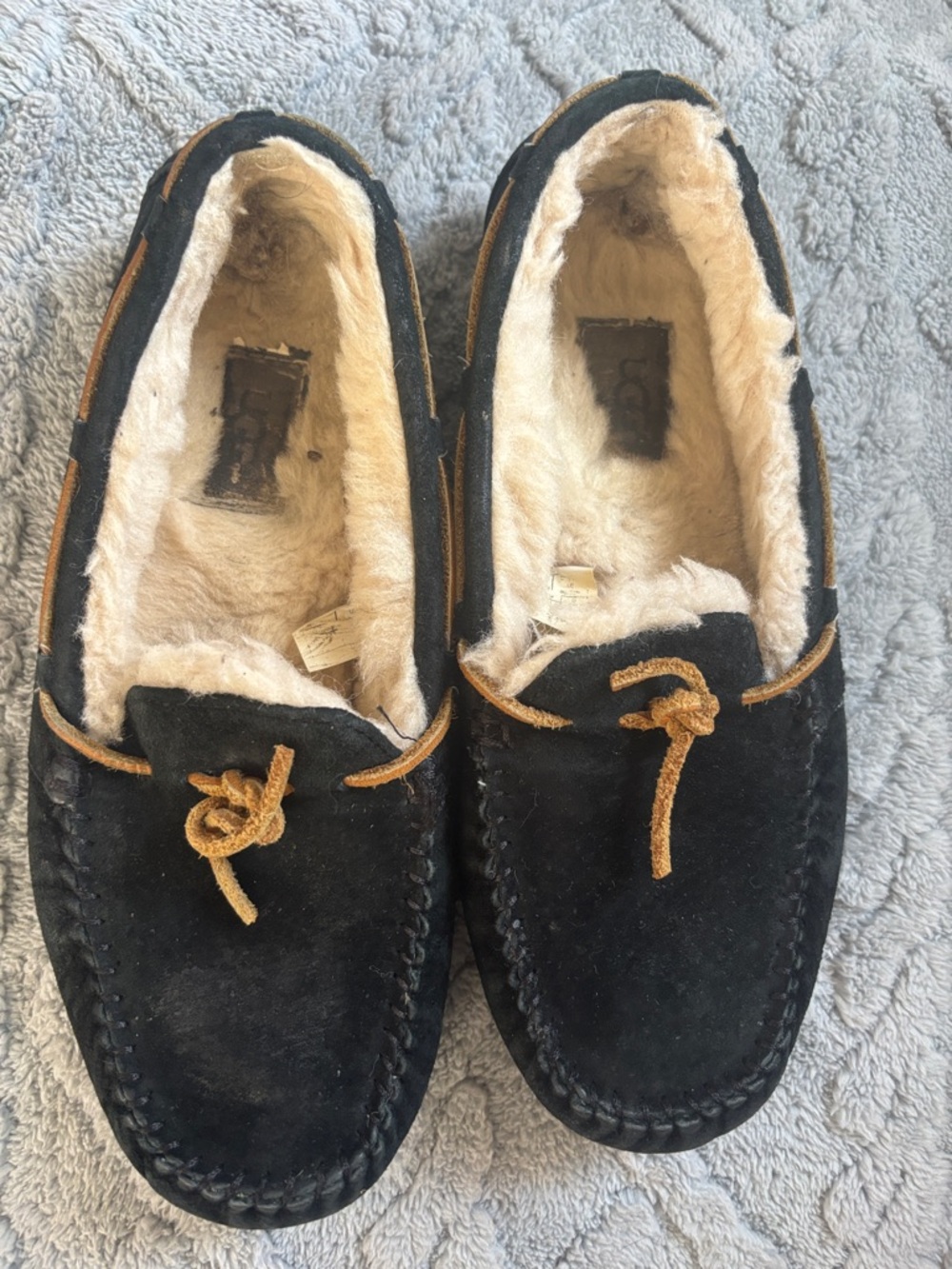 UGG Black Suede Moccasins with Tan Lace and Cream Shearling